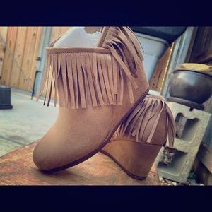 Brand New Ankle booties with fringe, wedge heel